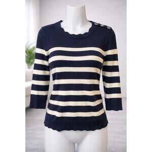 Cable & Gauge Navy White Striped Sweater Nautical Knit Button Shoulder Women